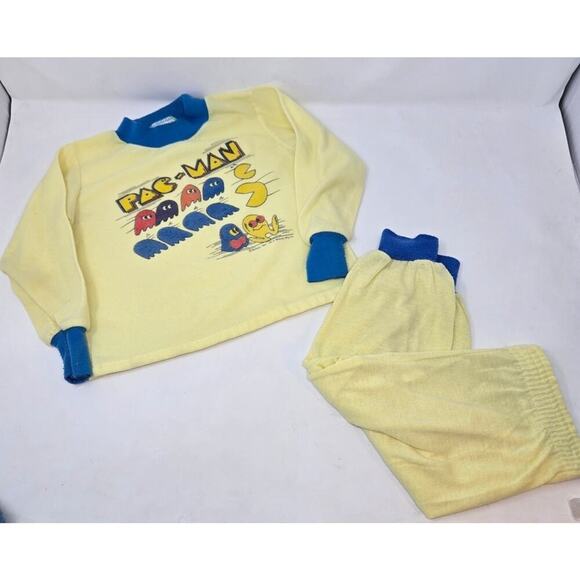Pac-Man Pajamas Vintage Size 4-5 Long Sleeve Shirt Pant Yellow Blue 1980s Sears - Picture 12 of 12